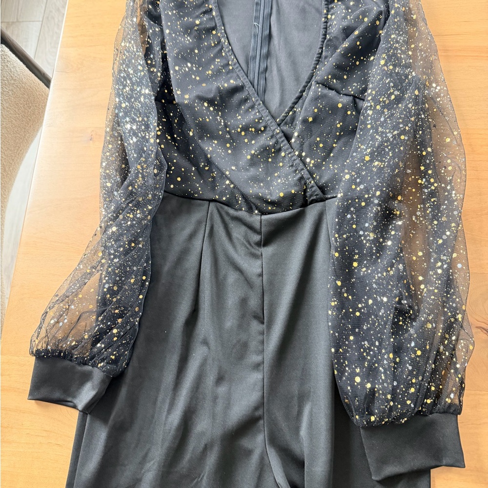 Black Jumpsuit with Sheer Gold Speckled Sleeves